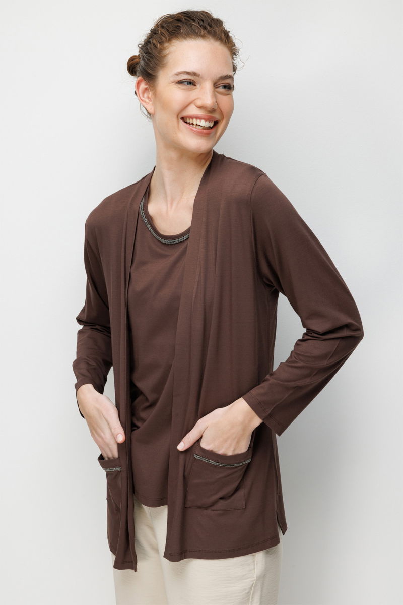 Desen Triko Kadın V Yaka Yakası ve Cep Üstü Zincirli Penye Hırka 26709 Kahverengi - Desen Triko