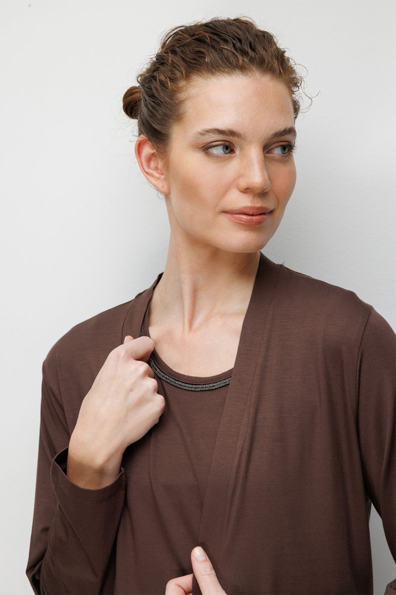 Desen Triko Kadın V Yaka Yakası ve Cep Üstü Zincirli Penye Hırka 26709 Kahverengi - 2