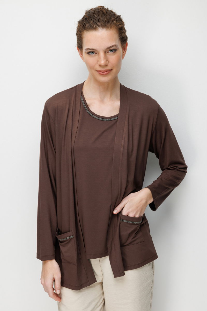 Desen Triko Kadın V Yaka Yakası ve Cep Üstü Zincirli Penye Hırka 26709 Kahverengi - 3