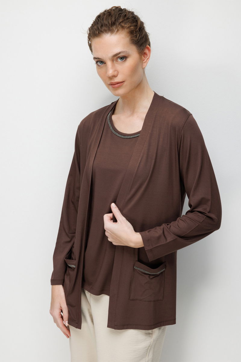 Desen Triko Kadın V Yaka Yakası ve Cep Üstü Zincirli Penye Hırka 26709 Kahverengi - 4