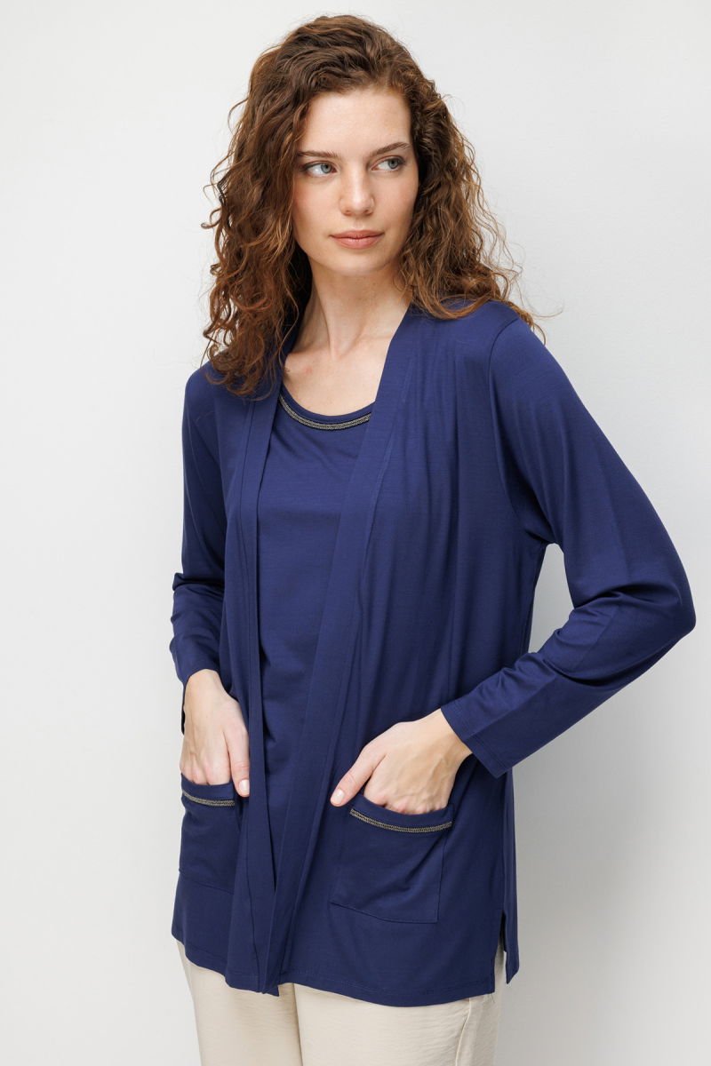 Desen Triko Kadın V Yaka Yakası ve Cep Üstü Zincirli Penye Hırka 26709 Lacivert - Desen Triko