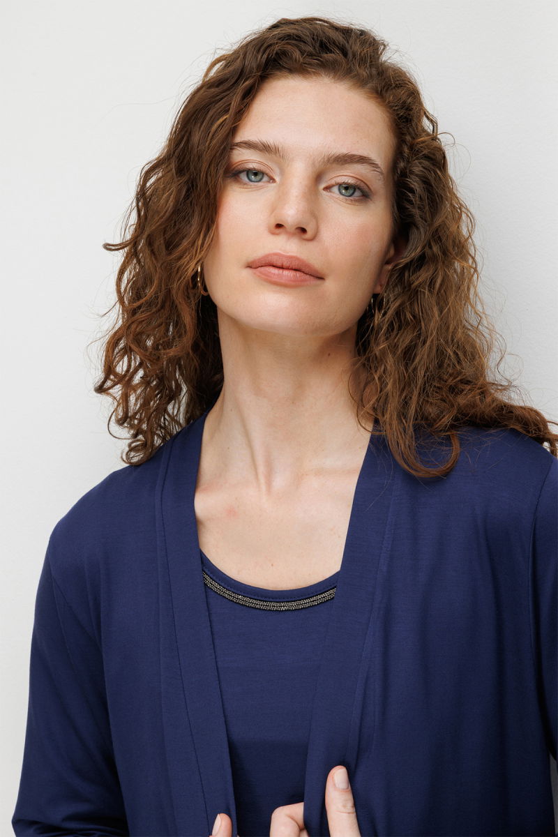 Desen Triko Kadın V Yaka Yakası ve Cep Üstü Zincirli Penye Hırka 26709 Lacivert - 2