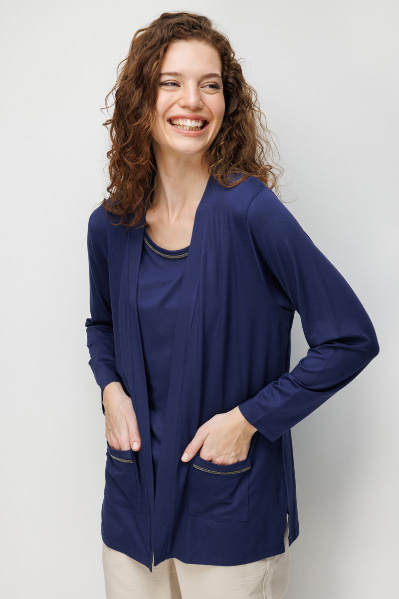 Desen Triko Kadın V Yaka Yakası ve Cep Üstü Zincirli Penye Hırka 26709 Lacivert - 3