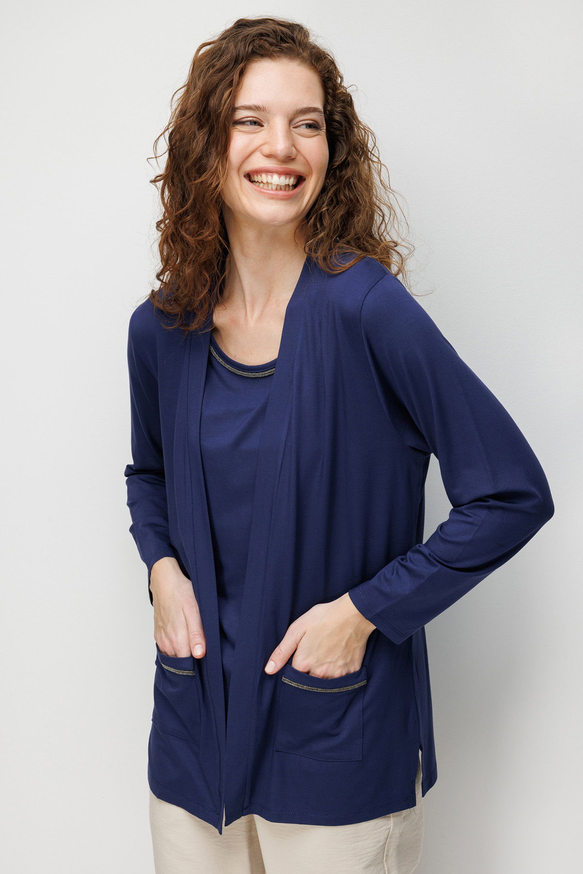 Desen Triko Kadın V Yaka Yakası ve Cep Üstü Zincirli Penye Hırka 26709 Lacivert - 3