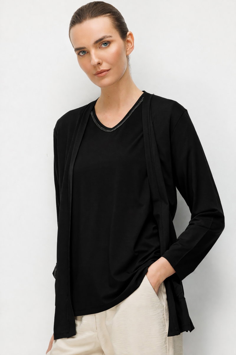 Desen Triko Kadın V Yaka Yakası ve Cep Üstü Zincirli Penye Hırka 26709 Siyah - Desen Triko