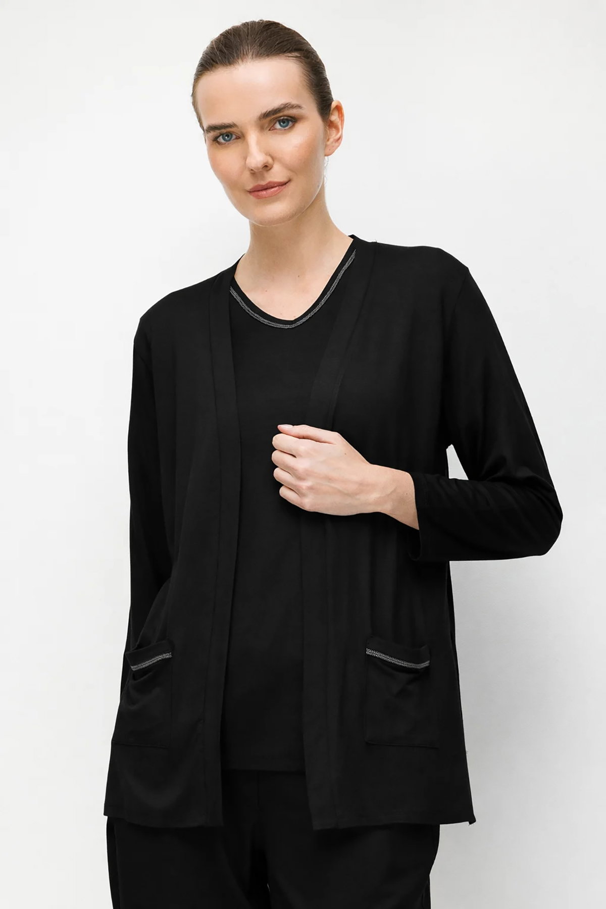 Desen Triko Kadın V Yaka Yakası ve Cep Üstü Zincirli Penye Hırka 26709 Siyah - 2