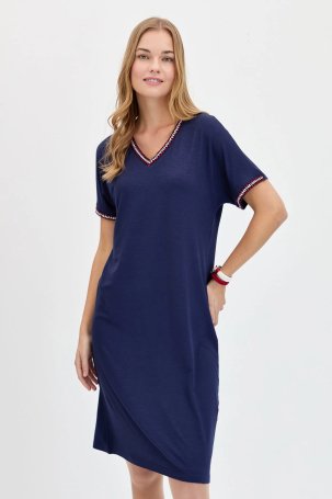 Desen Triko Kadın V Yaka Yakası ve Kol Ucu Renkli Penye Elbise KMY24088 Lacivert - 1