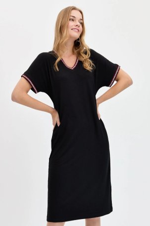Desen Triko Kadın V Yaka Yakası ve Kol Ucu Renkli Penye Elbise KMY24088 Siyah - 1