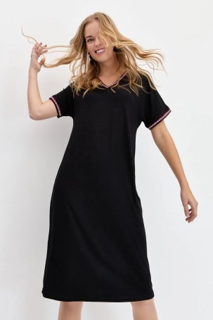 Desen Triko Kadın V Yaka Yakası ve Kol Ucu Renkli Penye Elbise KMY24088 Siyah - 2