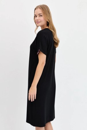 Desen Triko Kadın V Yaka Yakası ve Kol Ucu Renkli Penye Elbise KMY24088 Siyah - 4