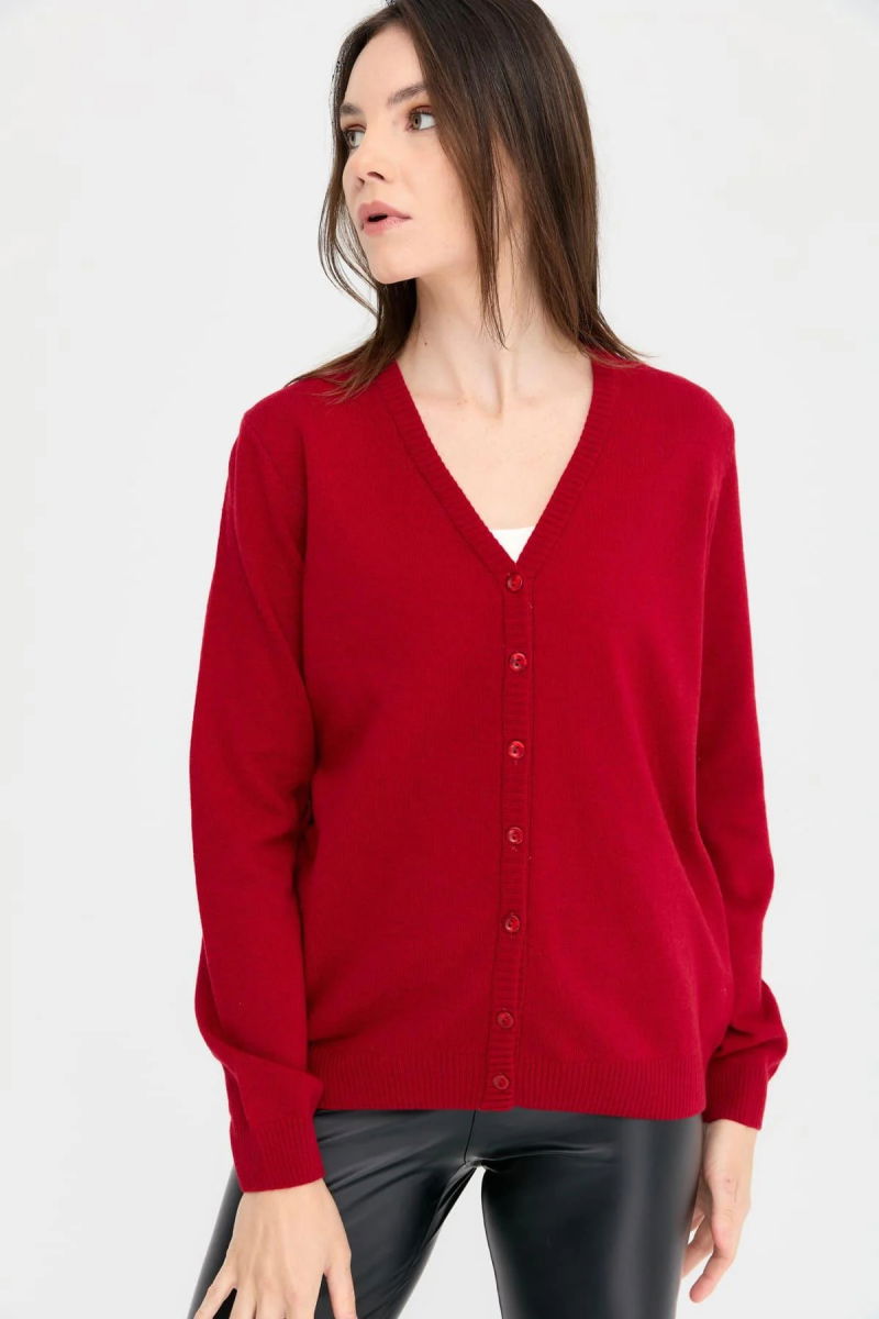 Desen Triko Kadın V Yaka Yün Hırka 21021 Kırmızı - Desen Triko