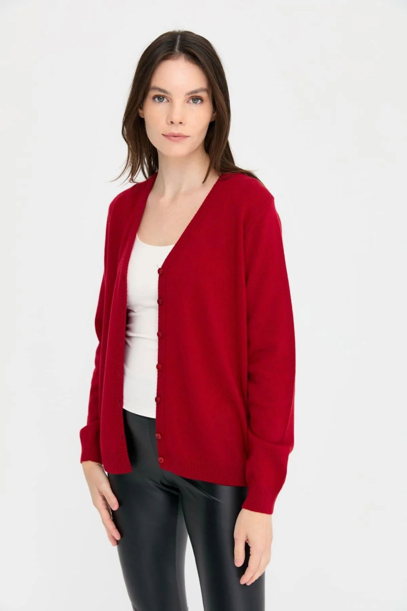 Desen Triko Kadın V Yaka Yün Hırka 21021 Kırmızı - 4