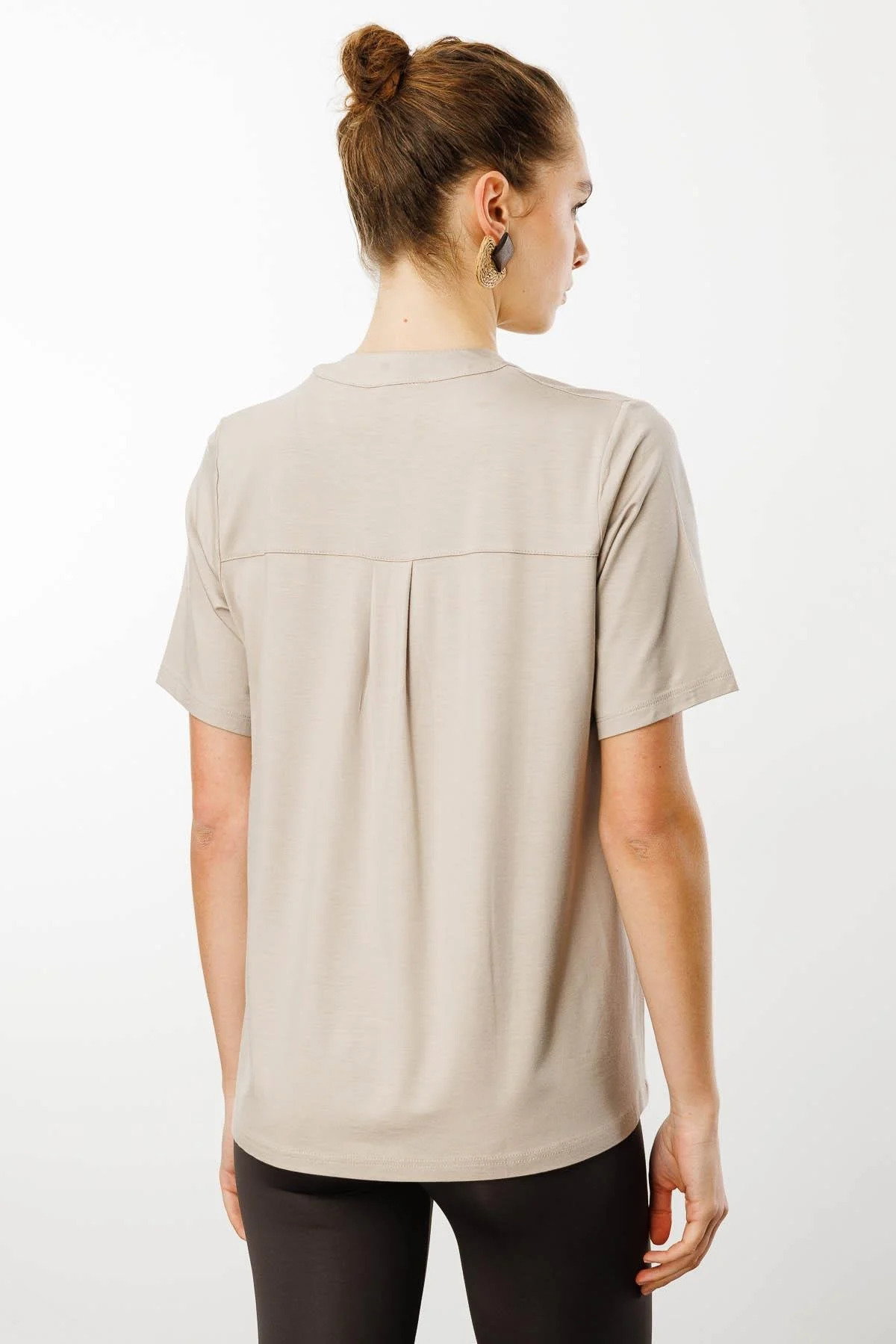 Desen Triko Kadın Yakası Düğmeli Penye T-Shirt 25764 Bej - 4