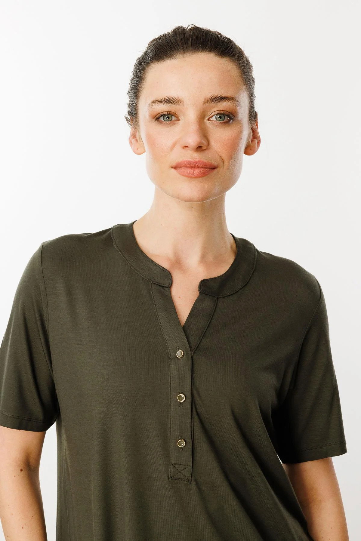 Desen Triko Kadın Yakası Düğmeli Penye T-Shirt 25764 Haki - 3