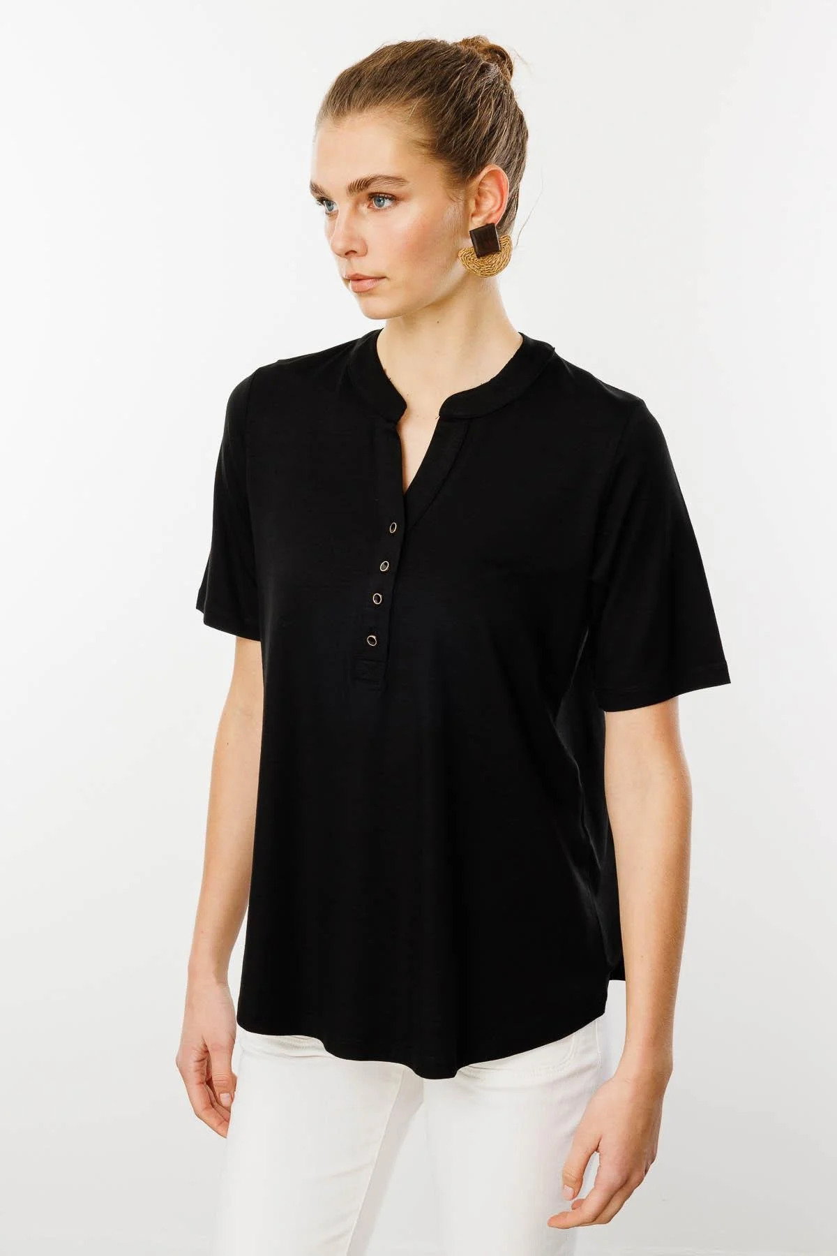 Desen Triko Kadın Yakası Düğmeli Penye T-Shirt 25764 Siyah - 3