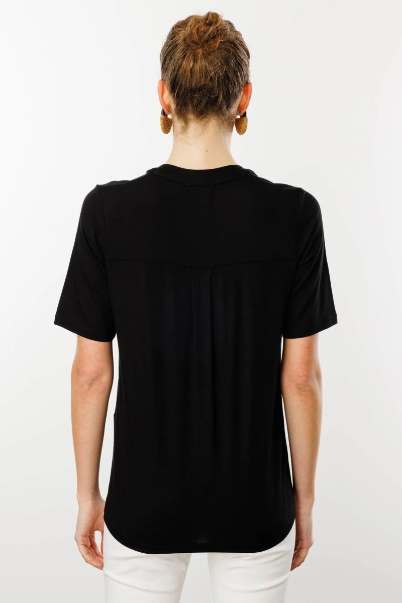 Desen Triko Kadın Yakası Düğmeli Penye T-Shirt 25764 Siyah - 4