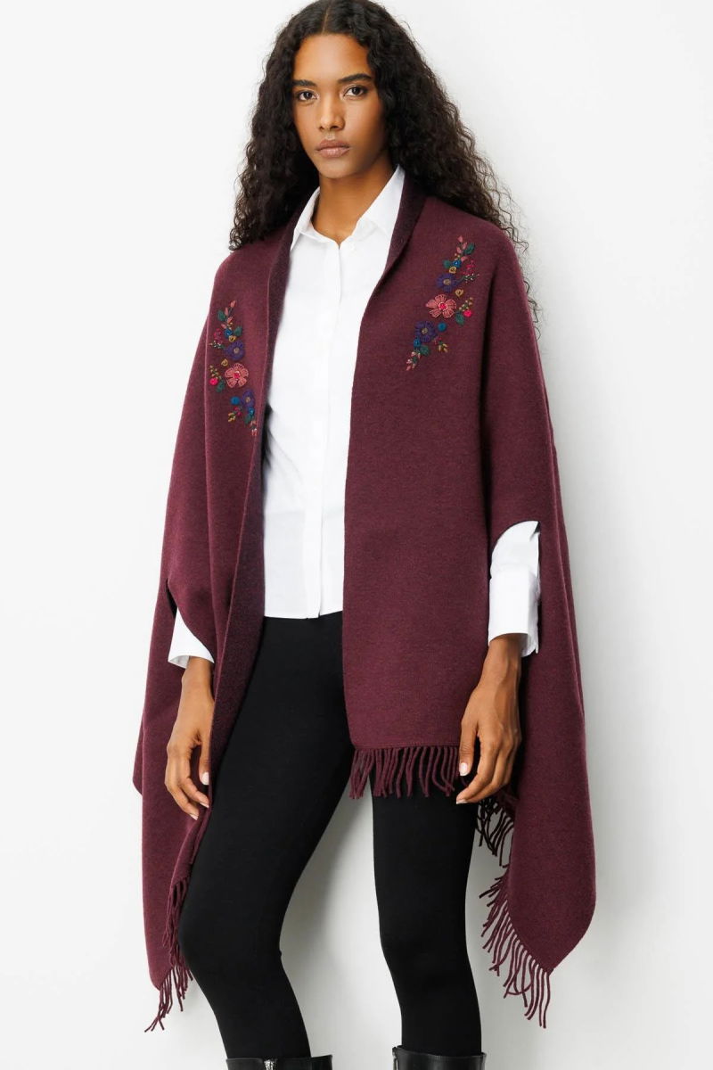 Desen Triko Kadın Yakası İşlemeli Koldan Geçmeli Büyük Yün Panço 25060 K.Mürdüm - 2