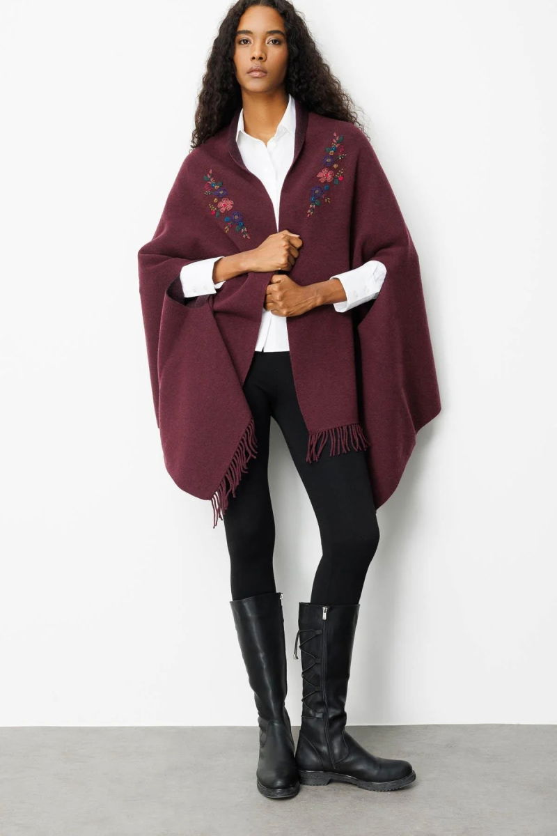 Desen Triko Kadın Yakası İşlemeli Koldan Geçmeli Büyük Yün Panço 25060 K.Mürdüm - 3