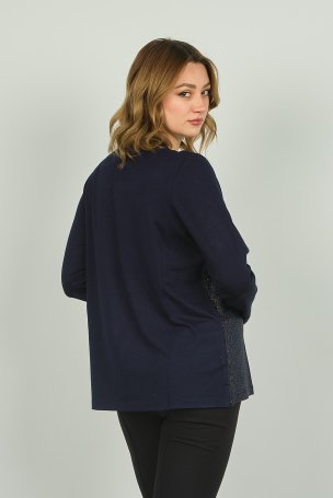 Detay Triko Kadın Önü Parlak Kumaş ve Desenli Uzun Kol Bluz 4589 Lacivert - 4