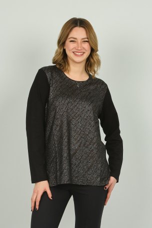 Detay Triko Kadın Önü Parlak Kumaş ve Desenli Uzun Kol Bluz 4589 Siyah - 1