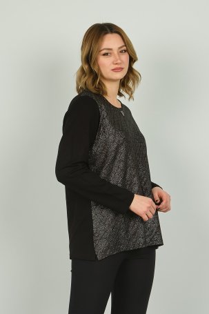 Detay Triko Kadın Önü Parlak Kumaş ve Desenli Uzun Kol Bluz 4589 Siyah - 3