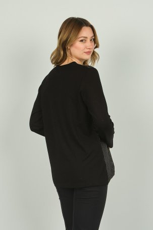 Detay Triko Kadın Önü Parlak Kumaş ve Desenli Uzun Kol Bluz 4589 Siyah - 4