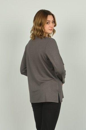 Detay Triko Kadın Suni Deri Detaylı ve Desenli Uzun Kol Bluz 4553 Gri - 4