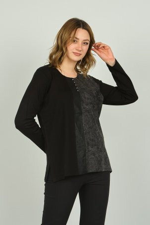 Detay Triko Kadın Suni Deri Detaylı ve Desenli Uzun Kol Bluz 4553 Siyah Gri 