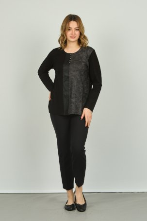 Detay Triko Kadın Suni Deri Detaylı ve Desenli Uzun Kol Bluz 4553 Siyah Gri - 3