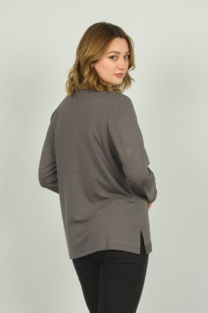 Detay Triko Kadın V Yaka Desenli Uzun Kol Bluz 4552 Gri - 4