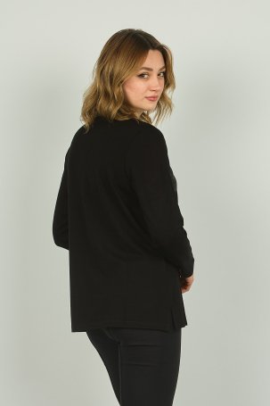 Detay Triko Kadın V Yaka Suni Deri Detaylı Uzun Kol Bluz 4549 Siyah-Yeşil - 4