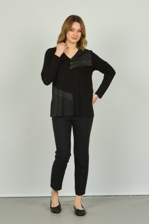 Detay Triko Kadın V Yaka Suni Deri Detaylı Uzun Kol Bluz 4551 Siyah - 3