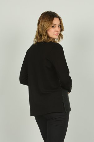 Detay Triko Kadın V Yaka Suni Deri Detaylı Uzun Kol Bluz 4551 Siyah - 4