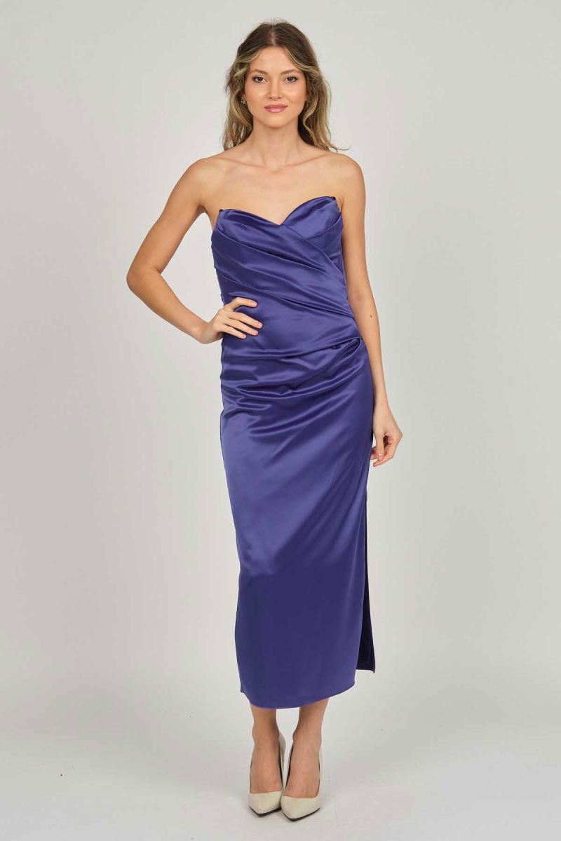 Doridorca Kadın Ara Boy Saten Abiye Elbise 5924061 Gece Mavisi - Doridorca