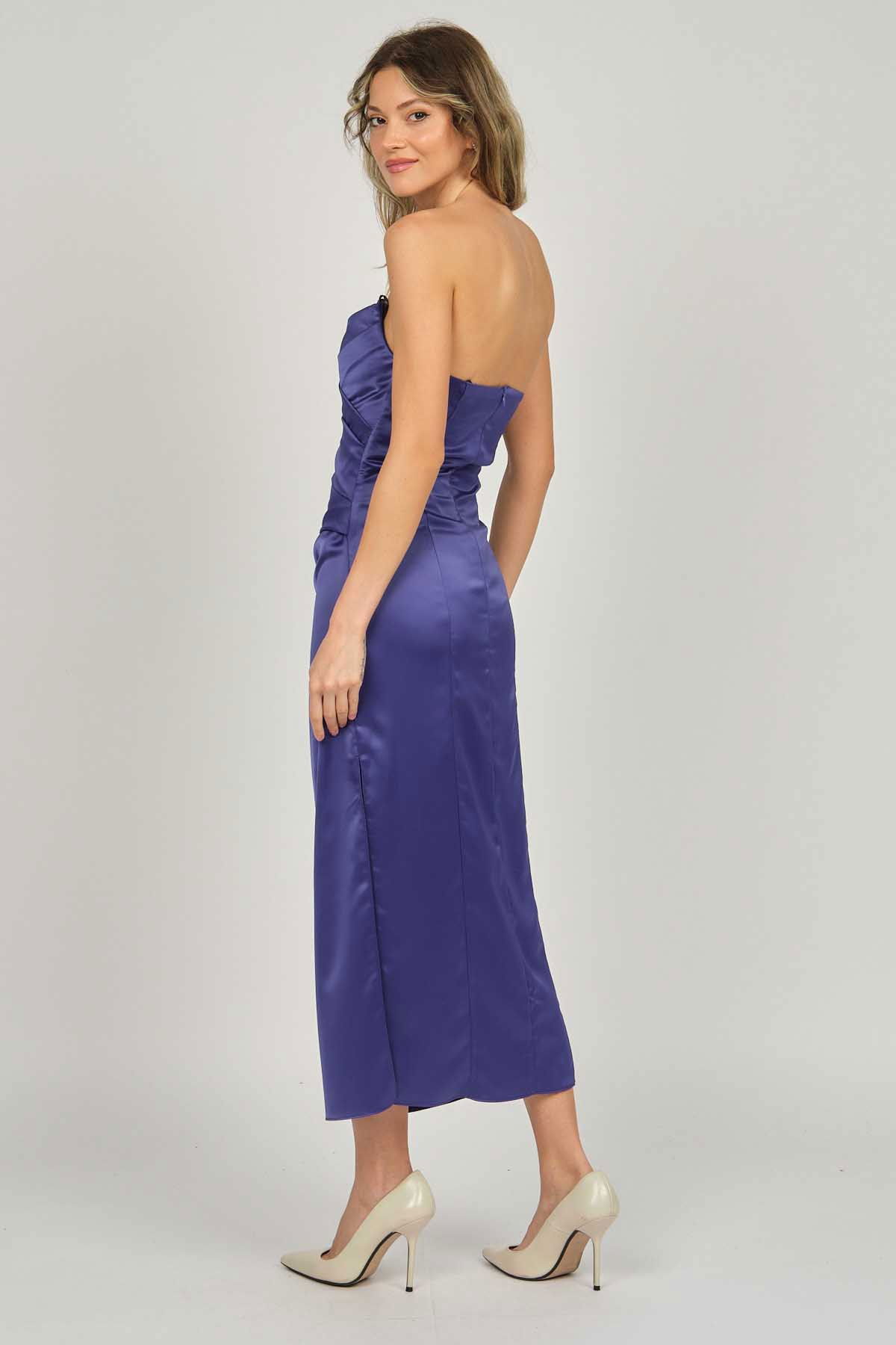 Doridorca Kadın Ara Boy Saten Abiye Elbise 5924061 Gece Mavisi - 4