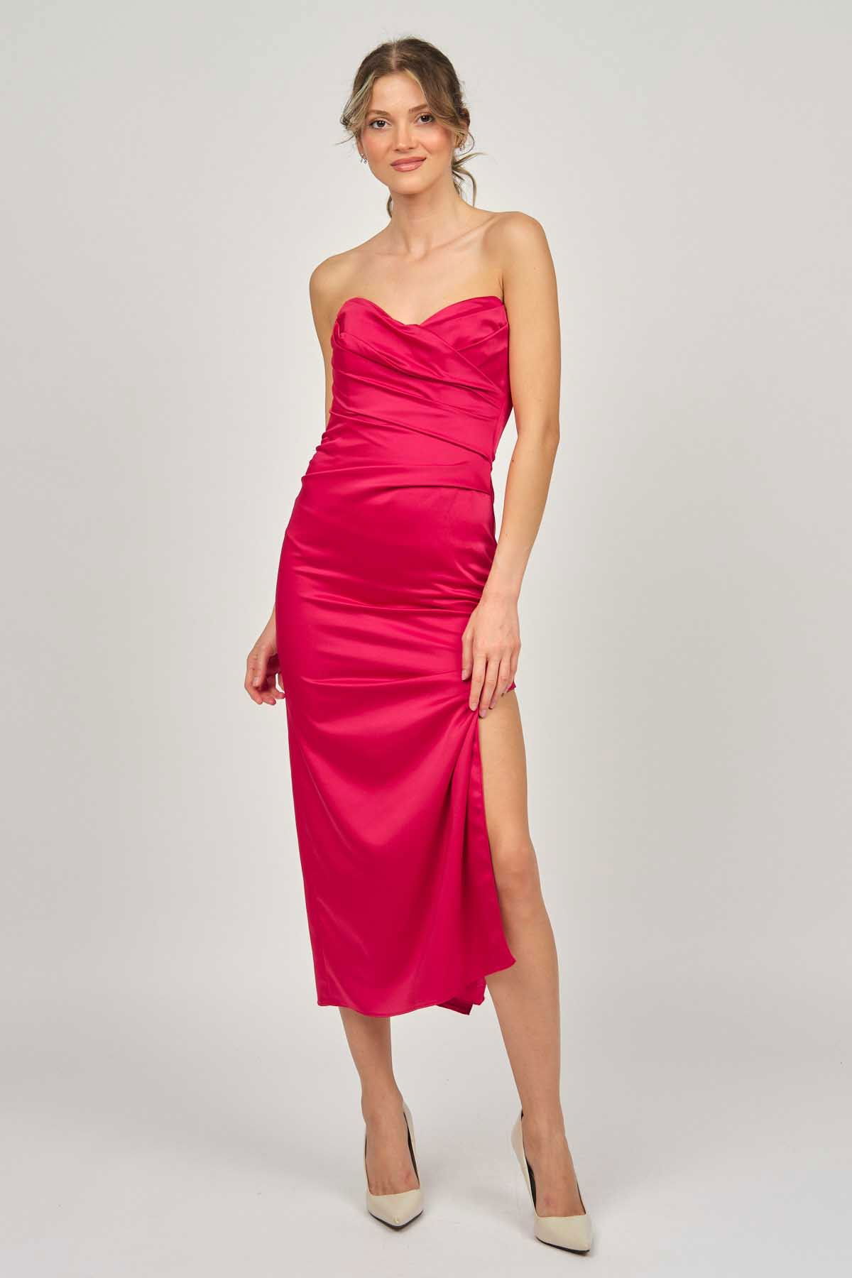 Doridorca Kadın Ara Boy Saten Abiye Elbise 5924061 Kırmızı - 1