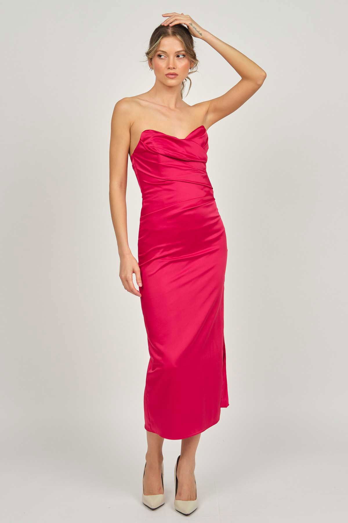 Doridorca Kadın Ara Boy Saten Abiye Elbise 5924061 Kırmızı - 6