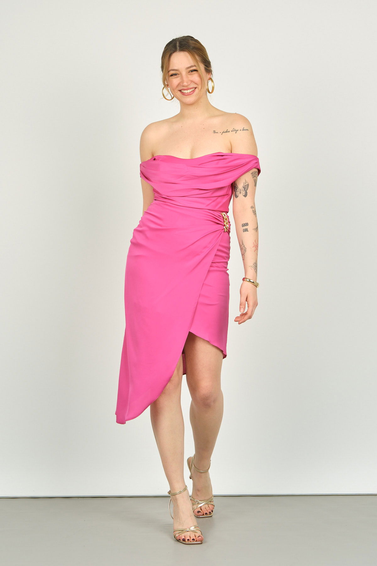 Doridorca Kadın Asimetrik Midi Boy Abiye Elbise 5015 Fuşya - 1