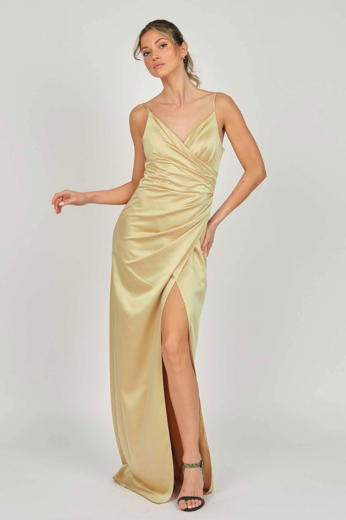 Doridorca Kadın Askılı Saten Abiye Elbise 5924028 Gold - 1