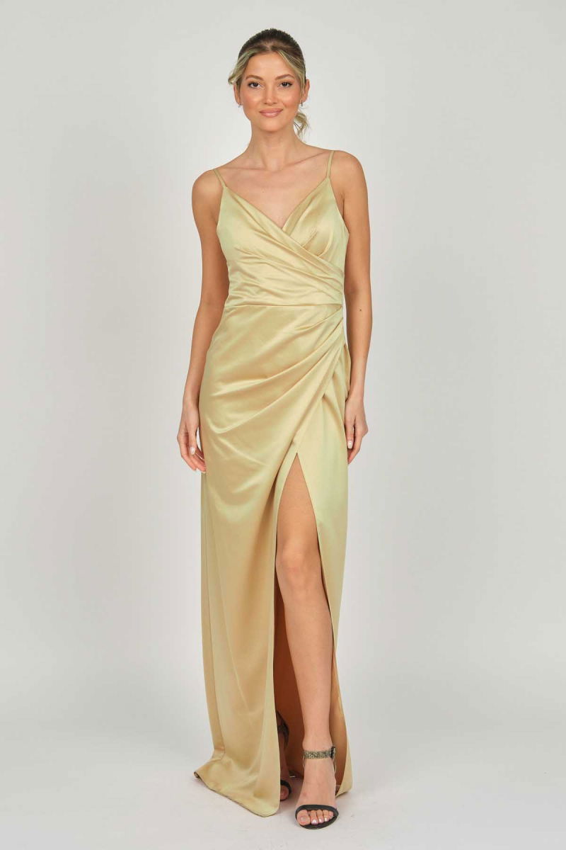 Doridorca Kadın Askılı Saten Abiye Elbise 5924028 Gold - 2