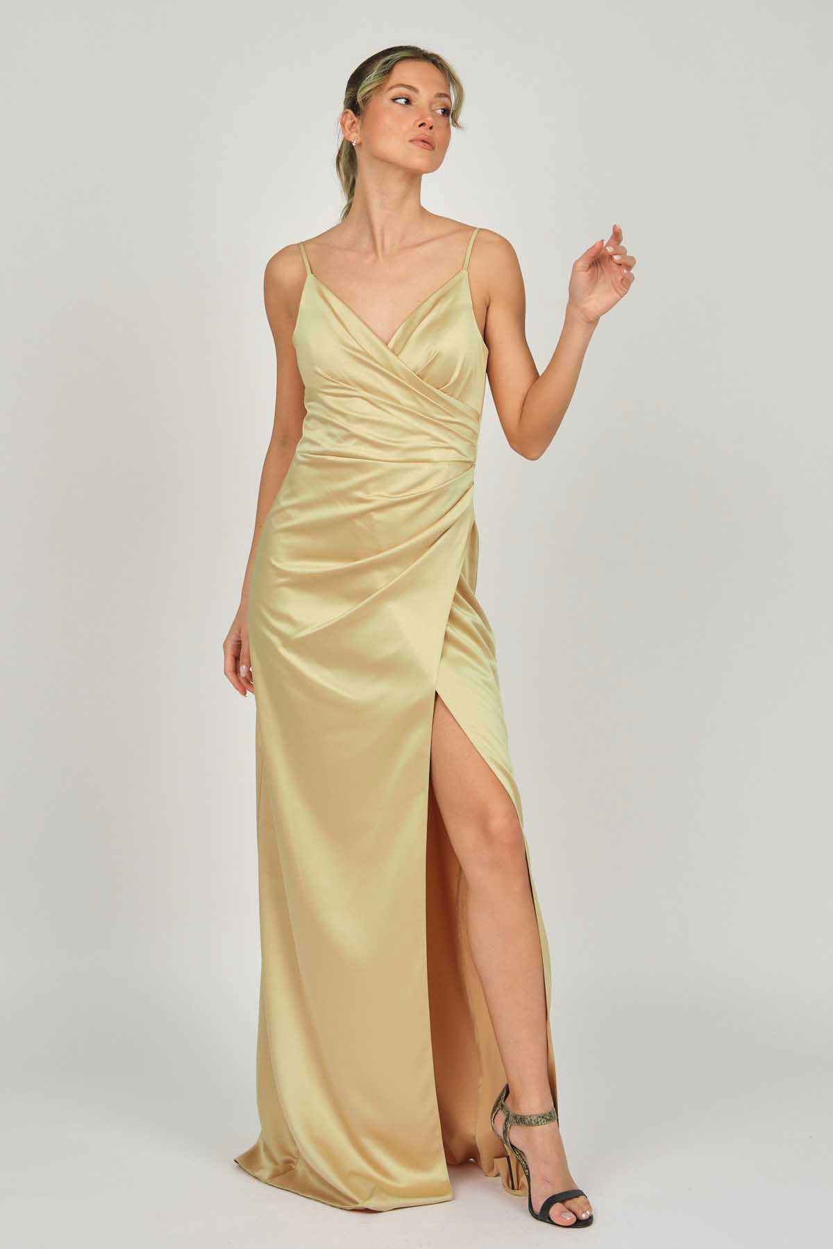 Doridorca Kadın Askılı Saten Abiye Elbise 5924028 Gold - 3