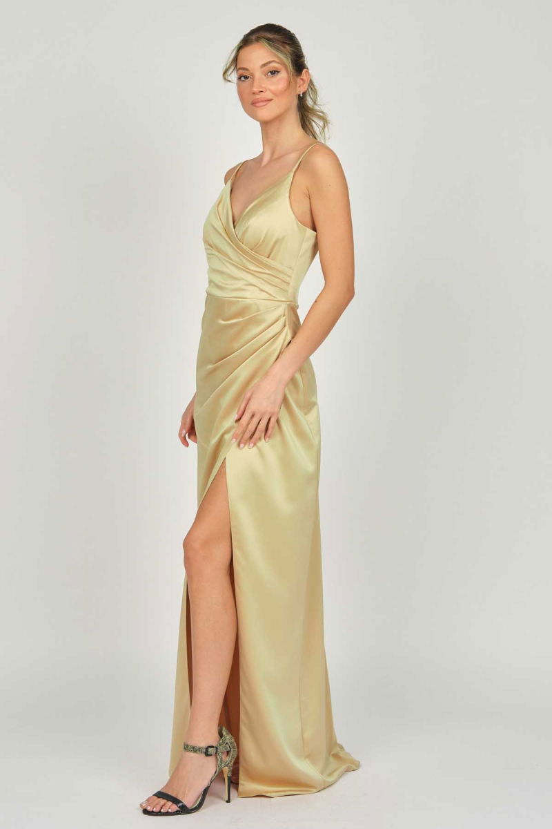 Doridorca Kadın Askılı Saten Abiye Elbise 5924028 Gold - 4
