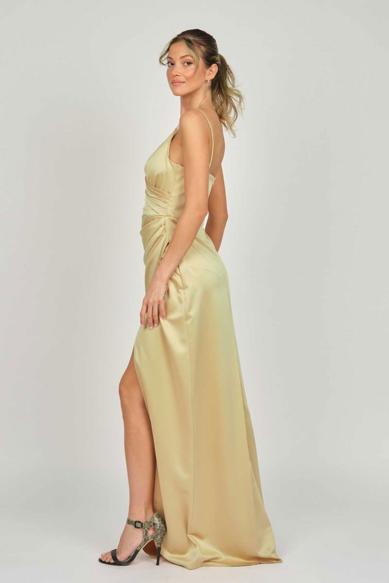 Doridorca Kadın Askılı Saten Abiye Elbise 5924028 Gold - 5