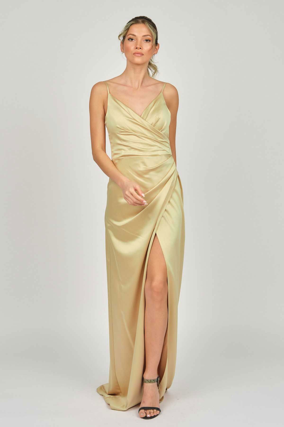 Doridorca Kadın Askılı Saten Abiye Elbise 5924028 Gold - 6