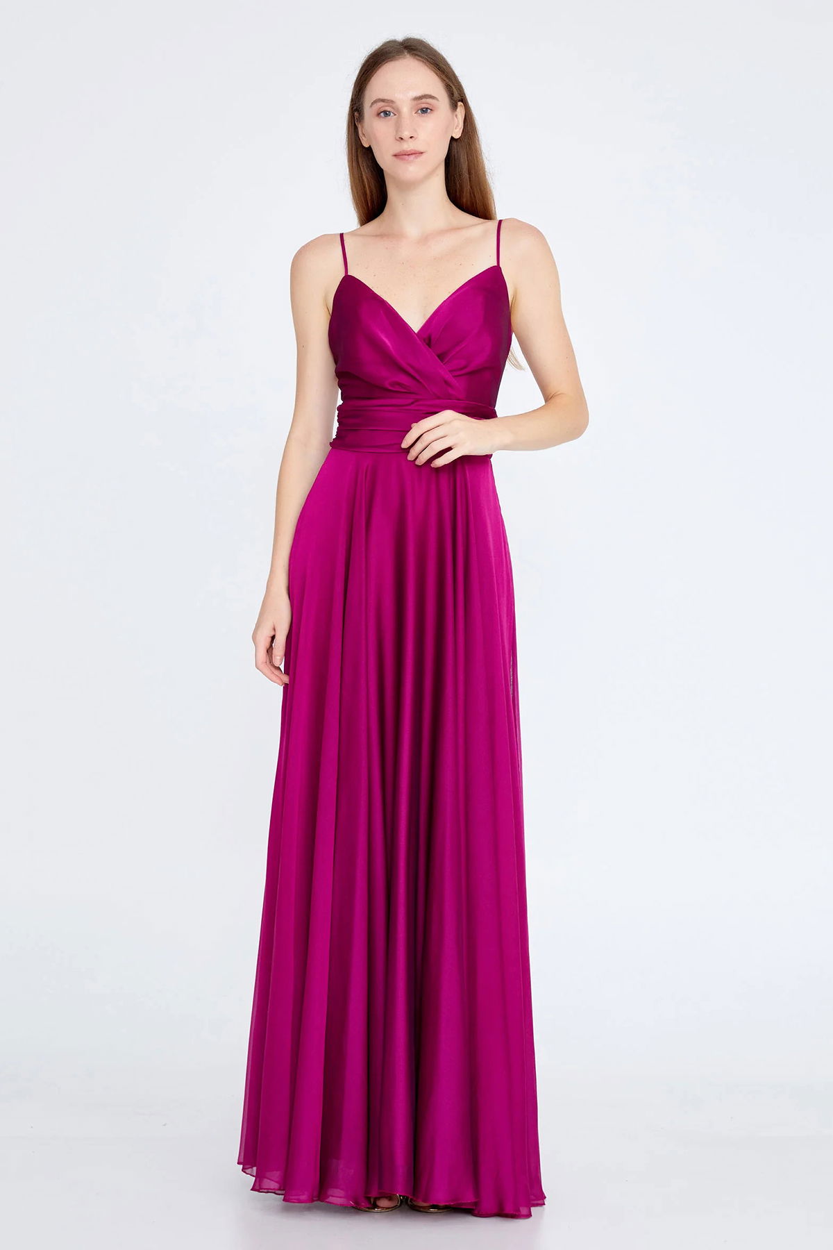 Doridorca Kadın Askılı Sırt Detaylı Uzun Abiye Elbise 5922022 Fuşya - 1
