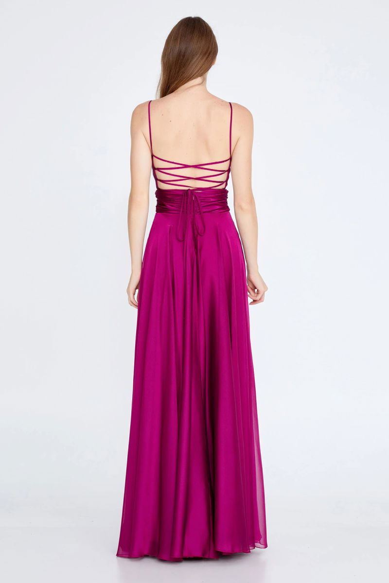 Doridorca Kadın Askılı Sırt Detaylı Uzun Abiye Elbise 5922022 Fuşya - 4