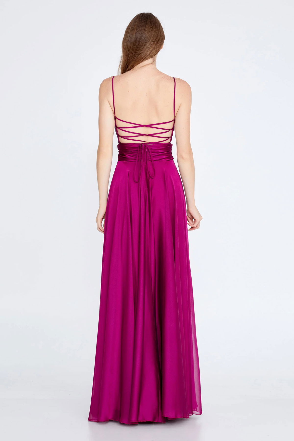 Doridorca Kadın Askılı Sırt Detaylı Uzun Abiye Elbise 5922022 Fuşya - 4