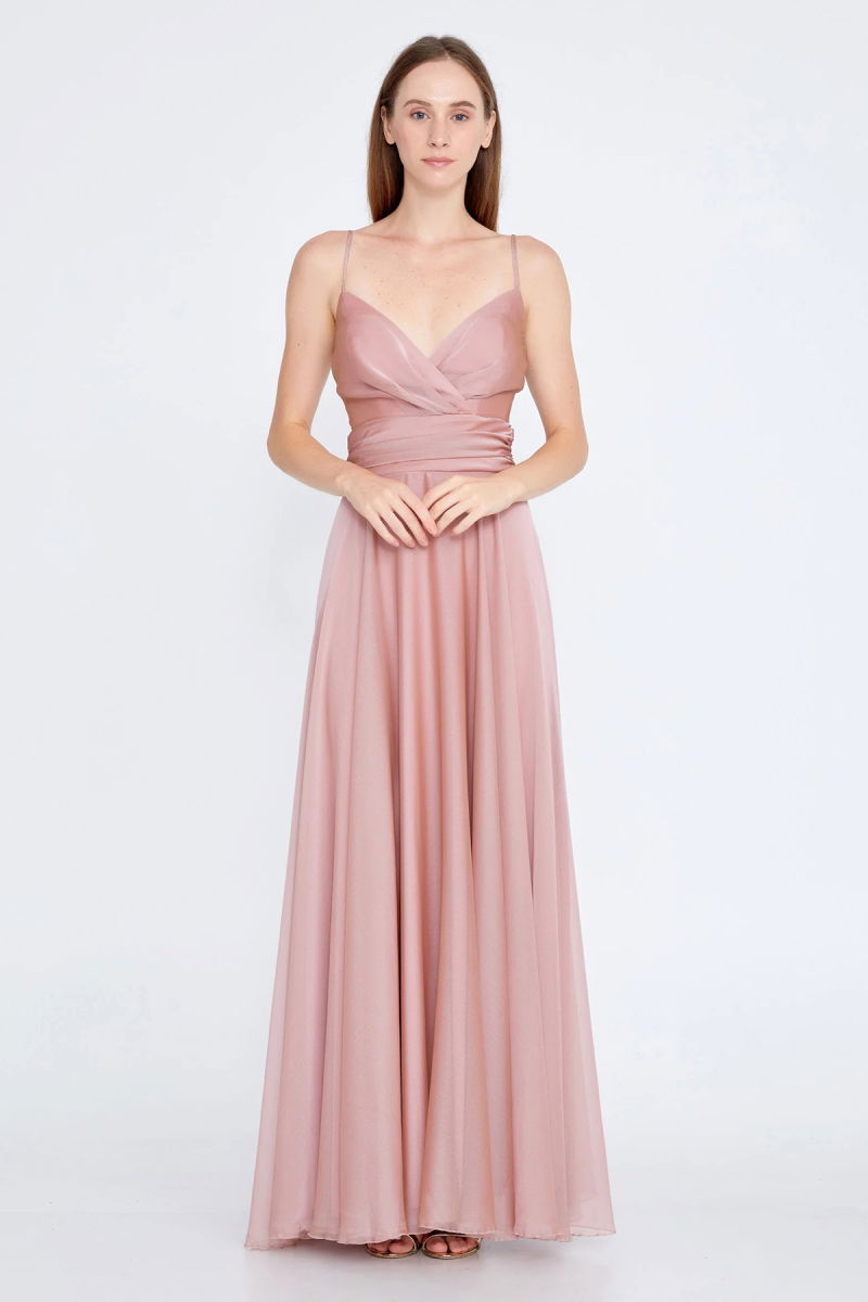 Doridorca Kadın Askılı Sırt Detaylı Uzun Abiye Elbise 5922022 Pudra 