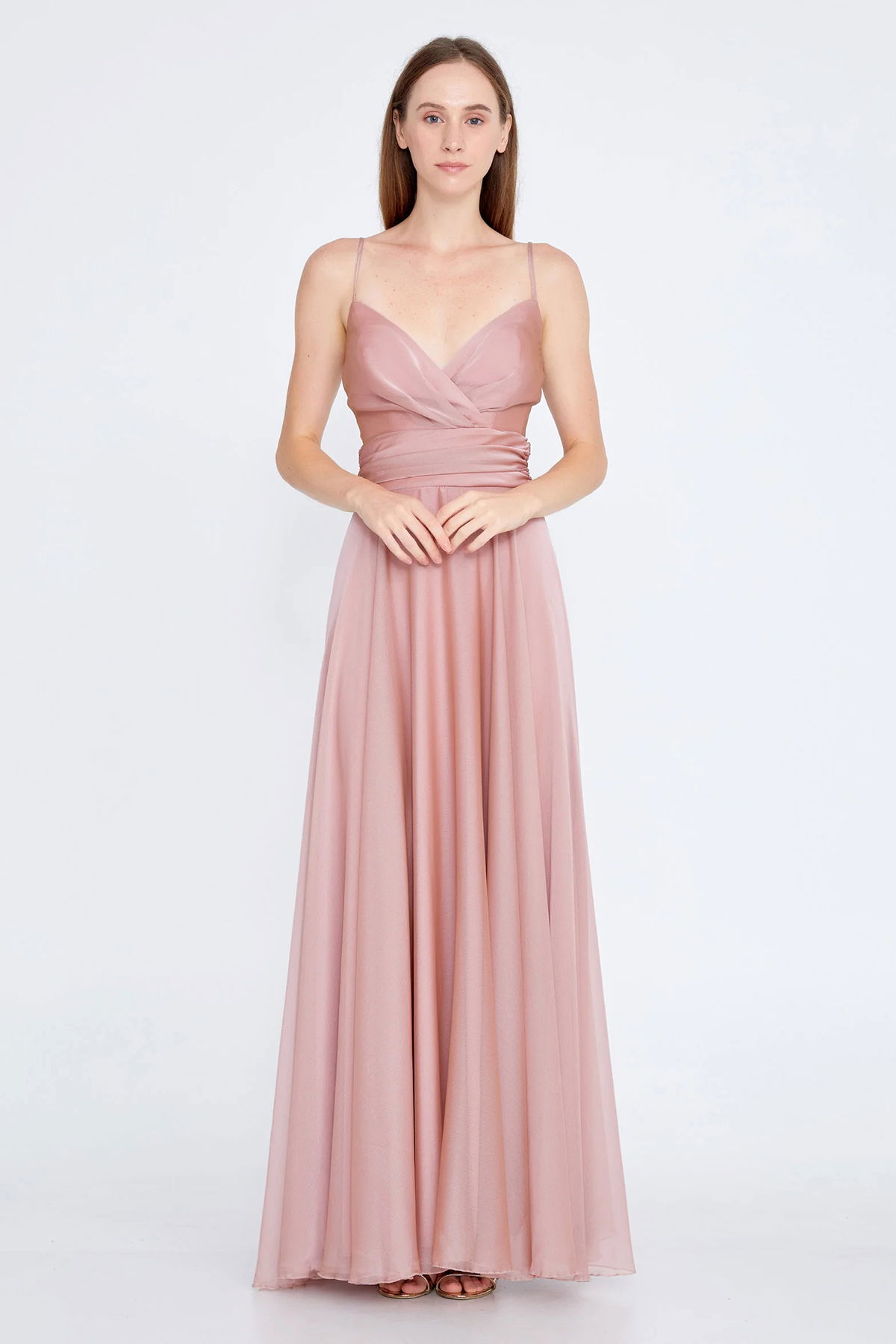 Doridorca Kadın Askılı Sırt Detaylı Uzun Abiye Elbise 5922022 Pudra - 1