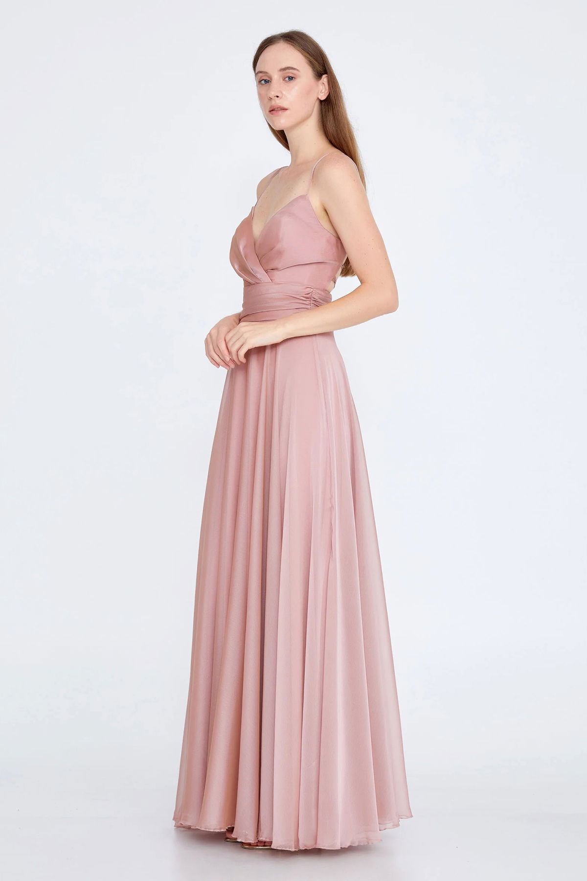 Doridorca Kadın Askılı Sırt Detaylı Uzun Abiye Elbise 5922022 Pudra - 2